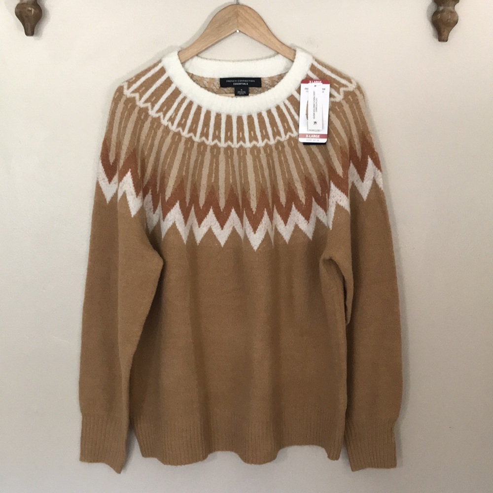NEW French Connection Essentials Women's Sweater Camel Fair Isle, XL - Picture 3 of 7